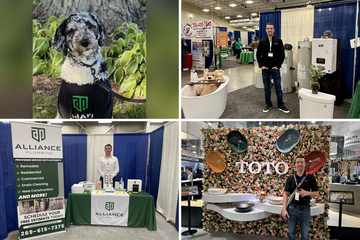 Alliance Plumbing — the team and our booths at local home shows, plus our shop dog Theo