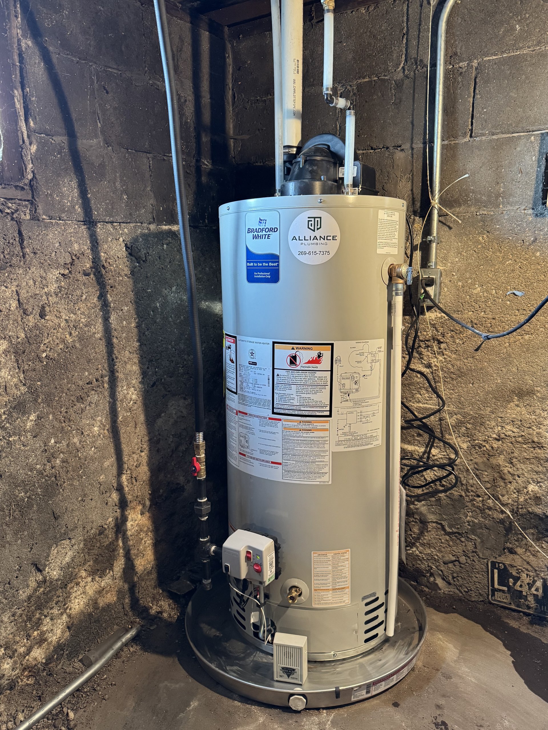 Bradford White gas water heater installation by Alliance Plumbing in Kalamazoo, MI
